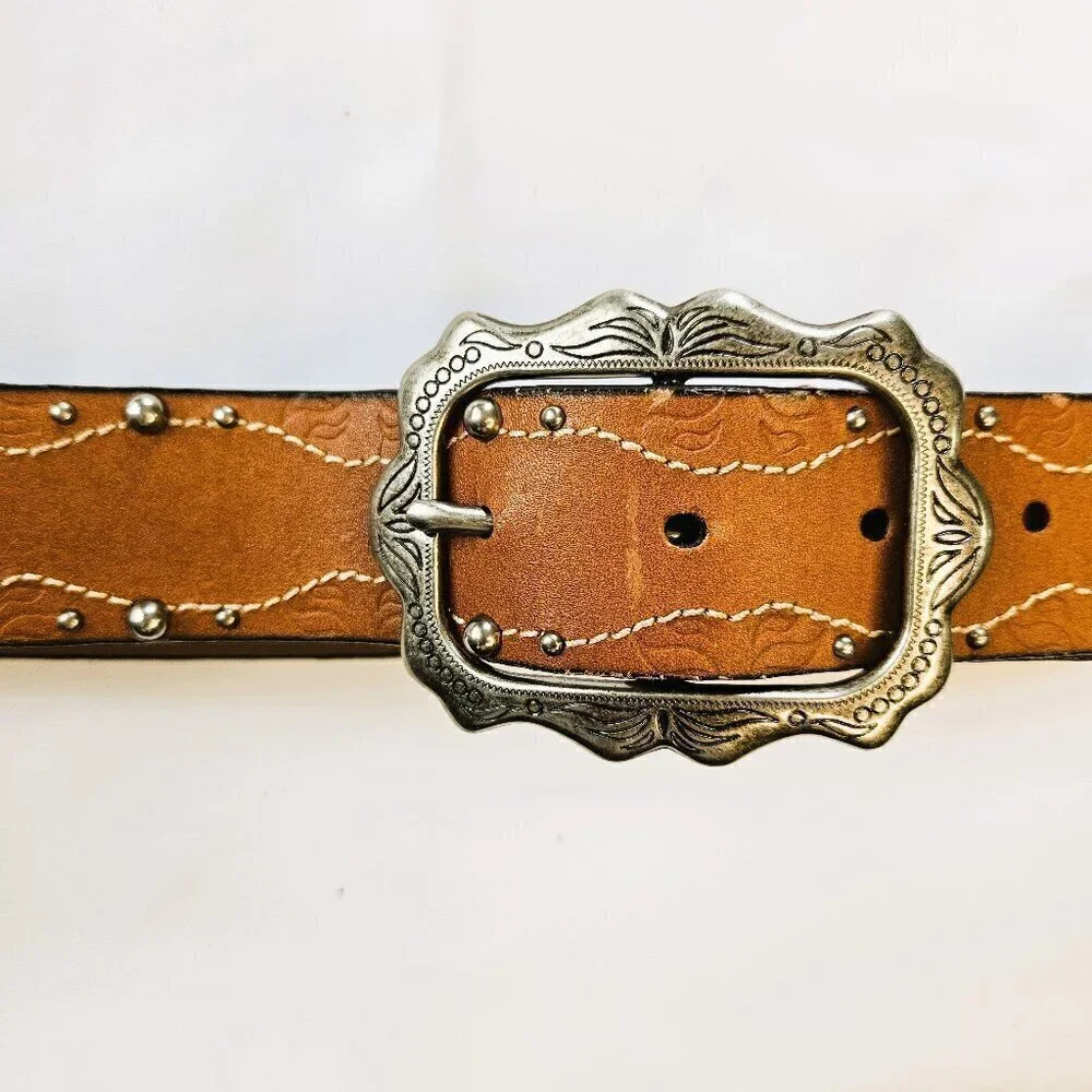Faded Glory Women's Western Cowgirl Tan Studded Belt Vintage Buckle